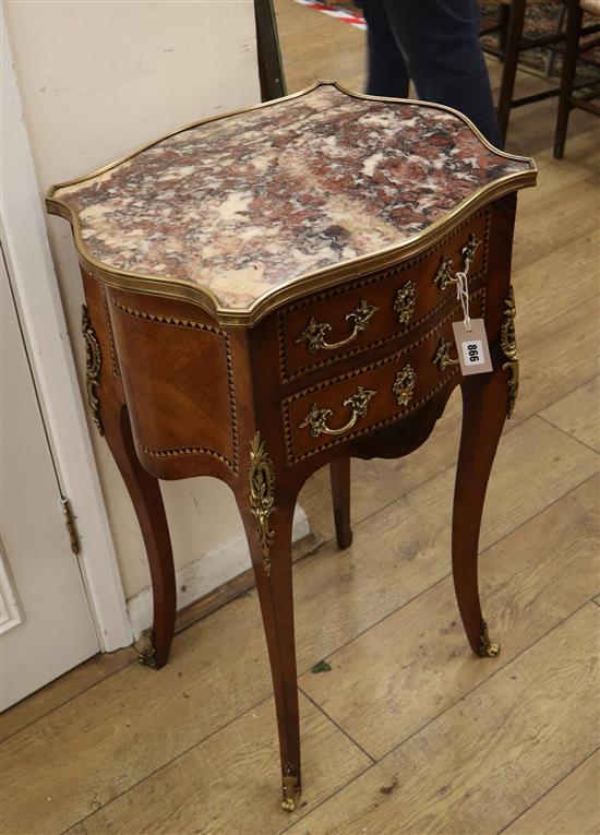 A Louis XVI style gilt metal mounted marble topped serpentine two drawer side table W.50cm